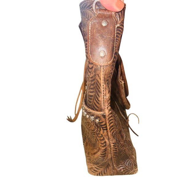 American West Tooled Embossed Brown Leather Bag Concho Accents Fringe Western - Picture 9 of 10